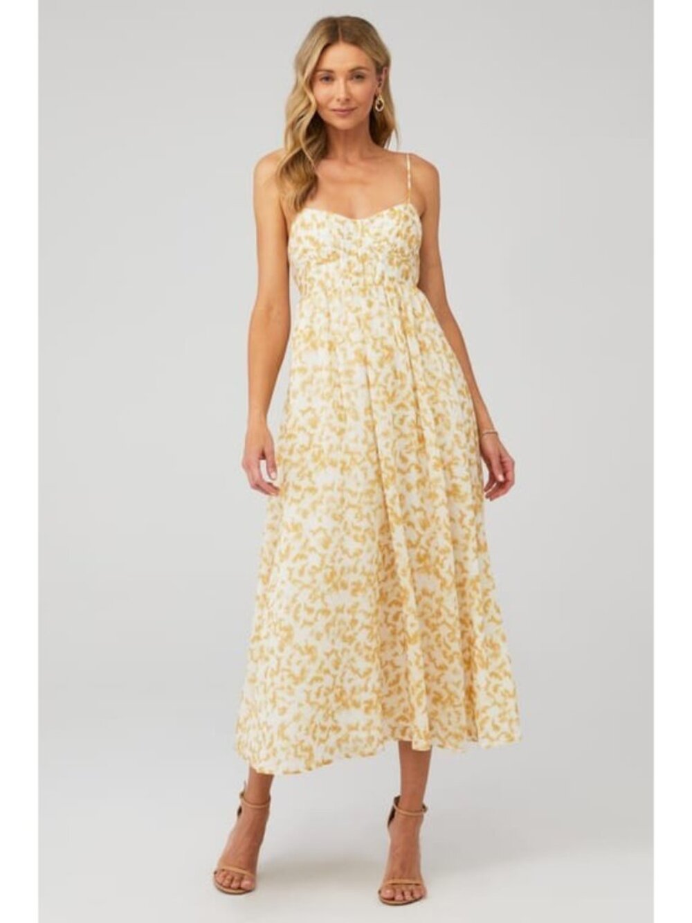 Bardot Milika Abstract Midi Dress Sleeveless Twirl Flowy Yellow Designer Party M